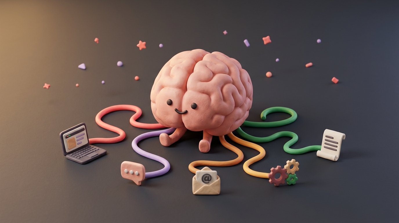 Knowledge graph connecting to tools: Slack, CRM, email, dashboards, and AI assistants